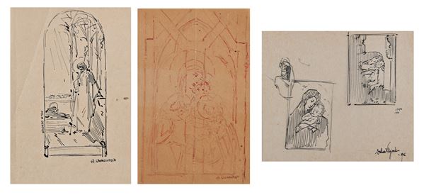 Arturo Viligiardi : Tre studi per di soggetti sacri  (1902)  - China su carta velina - Asta Works on paper - dal XVI al XIX secolo - Casa d'Aste Arcadia