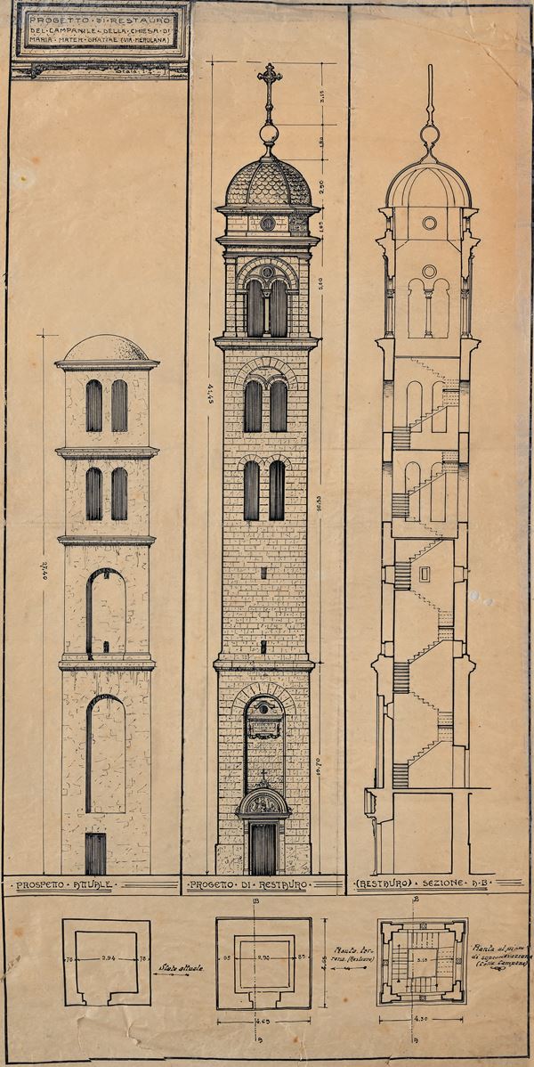 Scuola romana fine del XIX inizi del XX secolo : Progetto di restauro del campanile e della chiesa di Maria Mater Gratiea (Via Merulana)  - China su carta - Auction Works on Paper - from the 16th to the 19th century - Casa d'Aste Arcadia