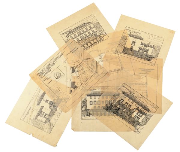 Scuola Romana del XX secolo - 9 tavole per Progetto di restauro ed ampliamento della retraite du sacre coeva sul Gianicolo