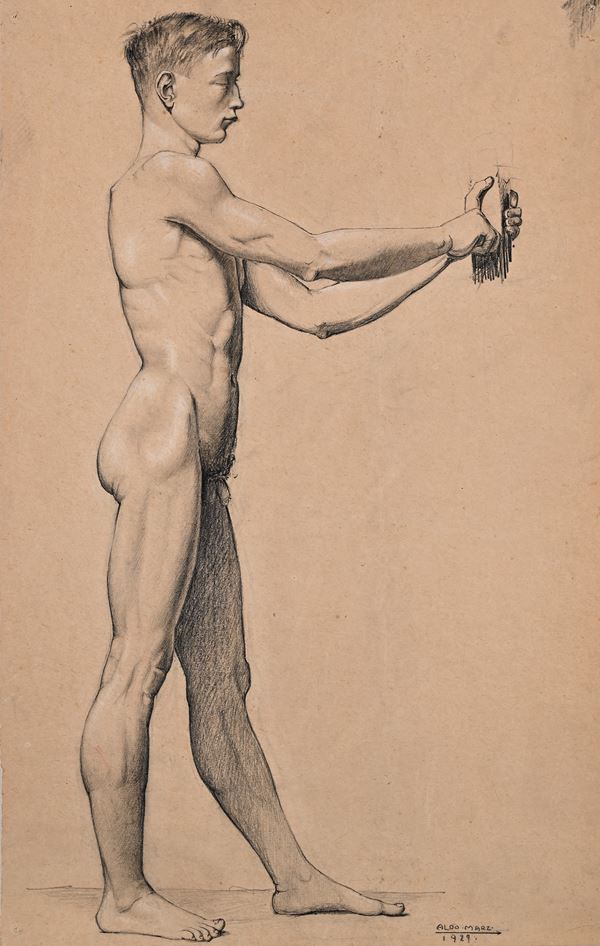 Aldo Marzi : Studio di nudo accademico di profilo  (1929)  - Carboncino e biacca su carta - Asta Works on paper - dal XVI al XIX secolo - Casa d'Aste Arcadia