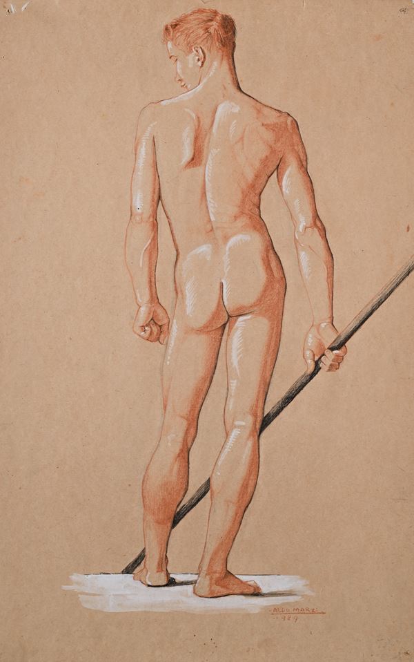 Aldo Marzi : Studio di nudo accademico di spalle  (1929)  - Pietra nera, pietra rossa con rialzi a biacca su carta - Auction Works on Paper - from the 16th to the 19th century - Casa d'Aste Arcadia