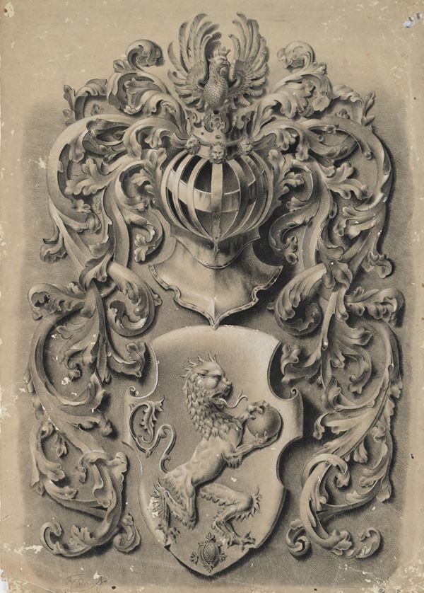 Scuola tedesca del XIX secolo : Studio di stemma nobiliare  - Pietra nera con rialzi a biacca su carta - Asta Works on paper - dal XVI al XIX secolo - Casa d'Aste Arcadia