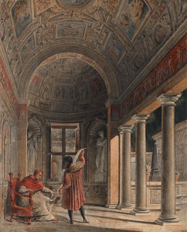 Scuola inglese del XIX secolo : Michelangelo presenta il bozzetto al Papa  - Inchiostri acquerellati e tempere su carta - Auction Works on Paper - from the 16th to the 19th century - Casa d'Aste Arcadia