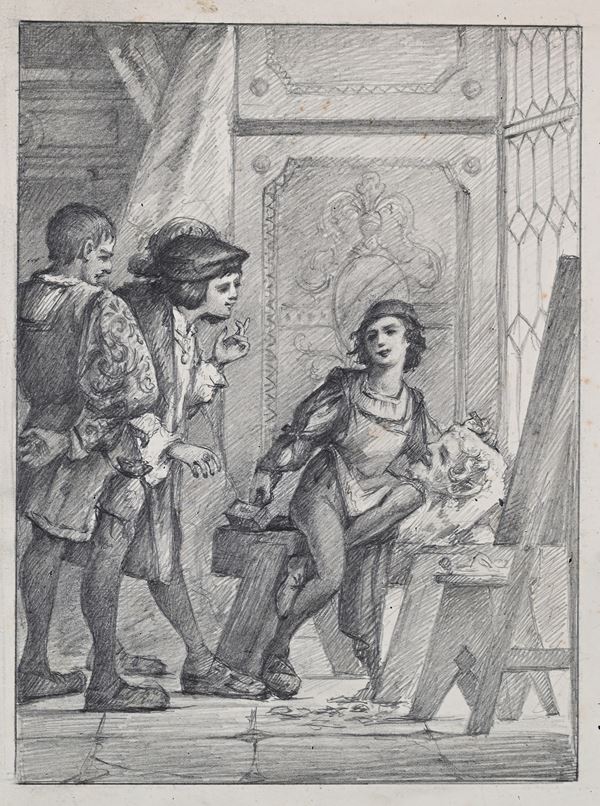 Scuola toscana del XIX secolo : Nell'atelier dello scultore  - Matita su carta - Auction Works on Paper - from the 16th to the 19th century - Casa d'Aste Arcadia