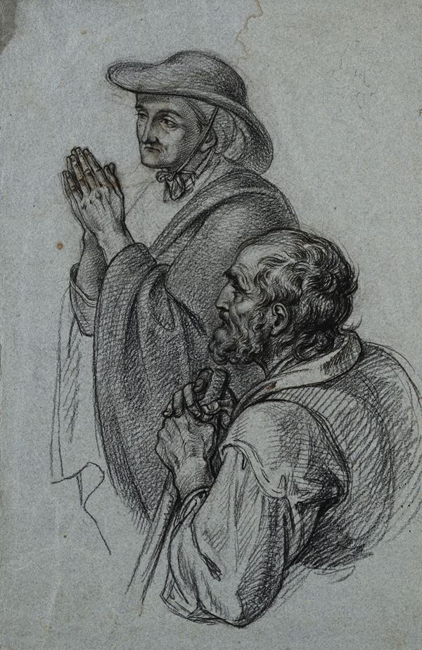 Scuola tedesca del XIX secolo : Studio di figure in preghiera  - Carboncino su carta azzurra - Asta Works on paper - dal XVI al XIX secolo - Casa d'Aste Arcadia