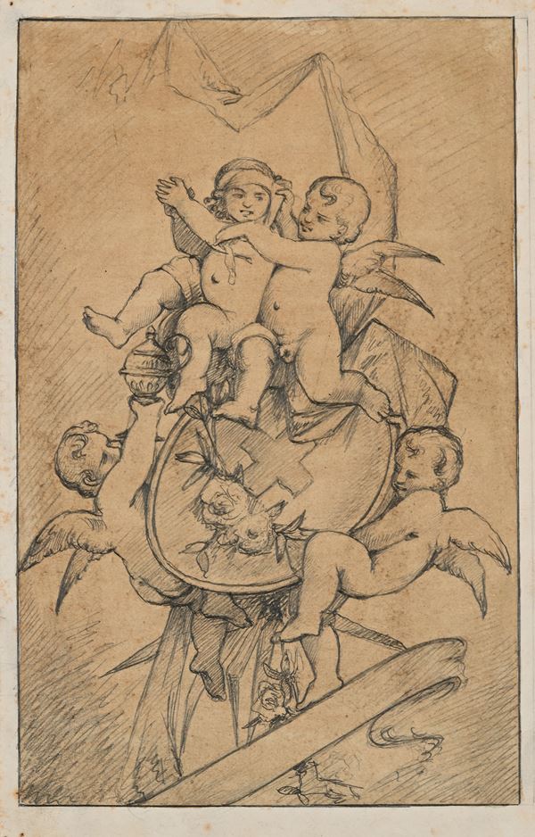 Scuola toscana del XIX secolo : Recto: Studio di puttini che reggono stemma - Verso: Studio di fregio con ritratto  - Matita su carta - Asta Works on paper - dal XVI al XIX secolo - Casa d'Aste Arcadia