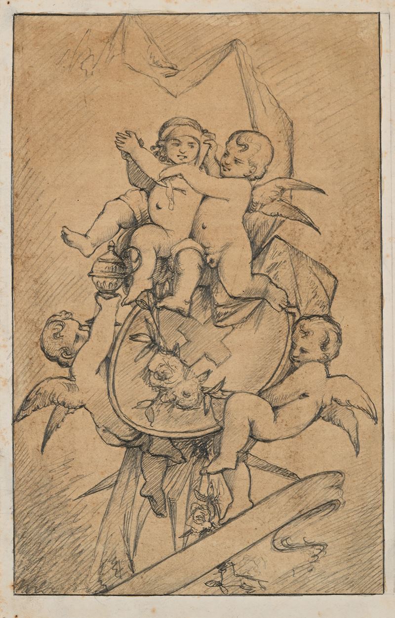 Recto: Studio di puttini che reggono stemma - Verso: Studio di fregio con ritratto