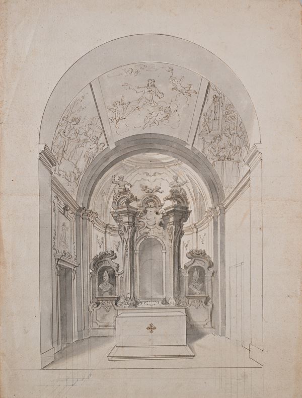 Scuola veneta del XVIII secolo : Studio per cappella  - Penna, inchiostro bruno acquerellato, chine a pietra nera su carta - Asta Works on paper - dal XVI al XIX secolo - Casa d'Aste Arcadia