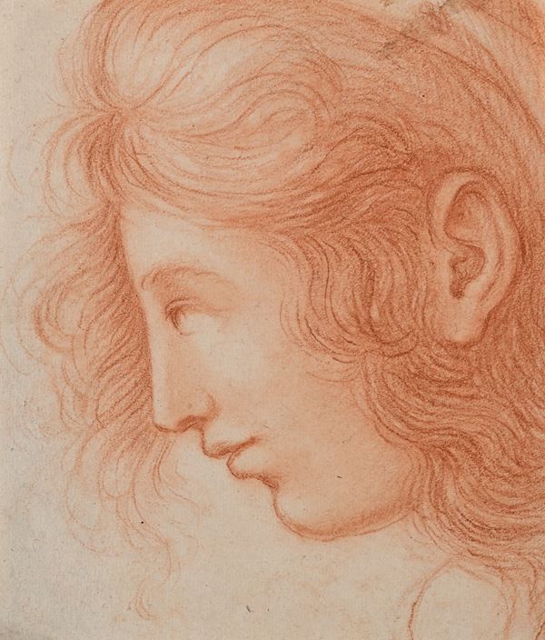 Scuola romana del XIX secolo : Studio di profilo femminile  - Pietra rossa su carta - Auction Works on Paper - from the 16th to the 19th century - Casa d'Aste Arcadia