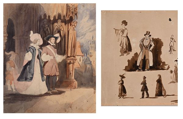 Scuola Italiana del XIX secolo : Scena nuziale - Studi per figure  - Acquarelli su carta - Auction Works on Paper - from the 16th to the 19th century - Casa d'Aste Arcadia