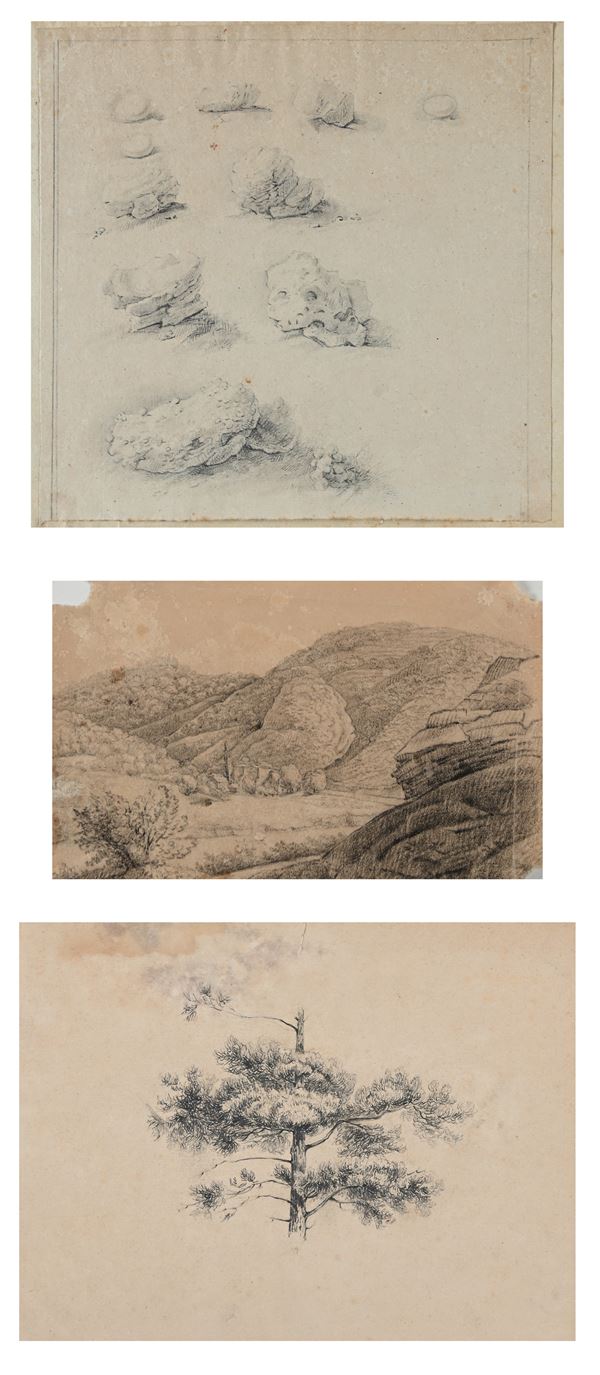 Scuola Italiana del XIX secolo : Tre veduta campestri  - Matita su carta - Asta Works on paper - dal XVI al XIX secolo - Casa d'Aste Arcadia