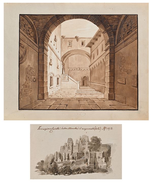 Scuola Italiana del XIX secolo : Veduta di cortile - Invenzione cavata dalle Macchie di acquerello  (1852)  - Inchiostri bruni acquerellati su carta - Asta Works on paper - dal XVI al XIX secolo - Casa d'Aste Arcadia