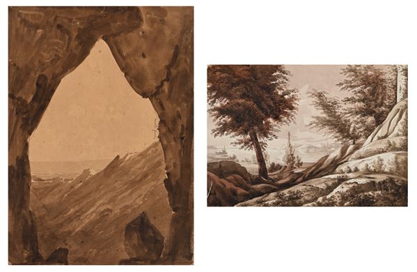 Charlotte-Napoléone Bonaparte : Veduta campestre - Veduta montana  - China, penna, inchiostri bruni su carta - Asta Works on paper - dal XVI al XIX secolo - Casa d'Aste Arcadia