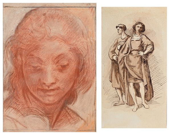 Scuola Italiana del XIX secolo : Volto femminile - Studio di due figure maschili  - Pietra rossa e china e inchiostri acquerellati su carta - Asta Works on paper - dal XVI al XIX secolo - Casa d'Aste Arcadia