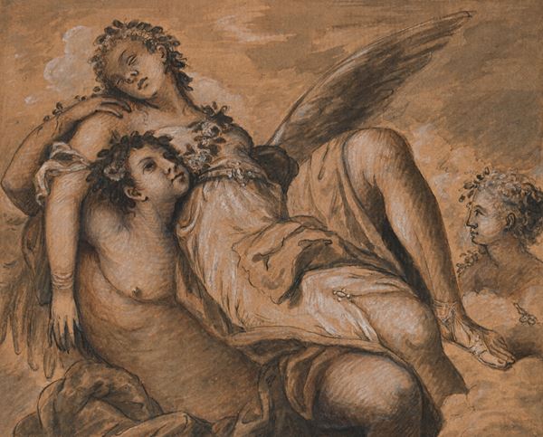 Scuola Italiana del XIX secolo : Amore e Psiche  - Penna, pietra nera e inchiostro acquerellato su carta - Auction Works on Paper - from the 16th to the 19th century - Casa d'Aste Arcadia