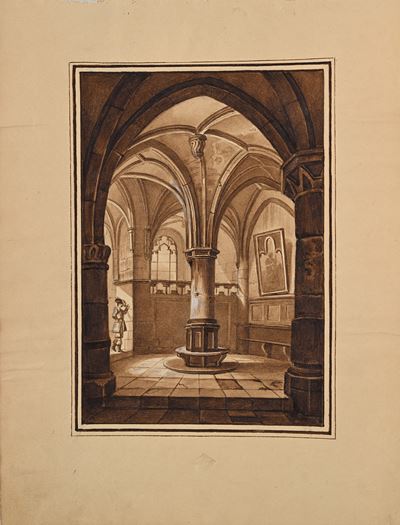 Veduta di interno gotico con moschettiere (penna e inchiostro bruno con acquerellatura)
