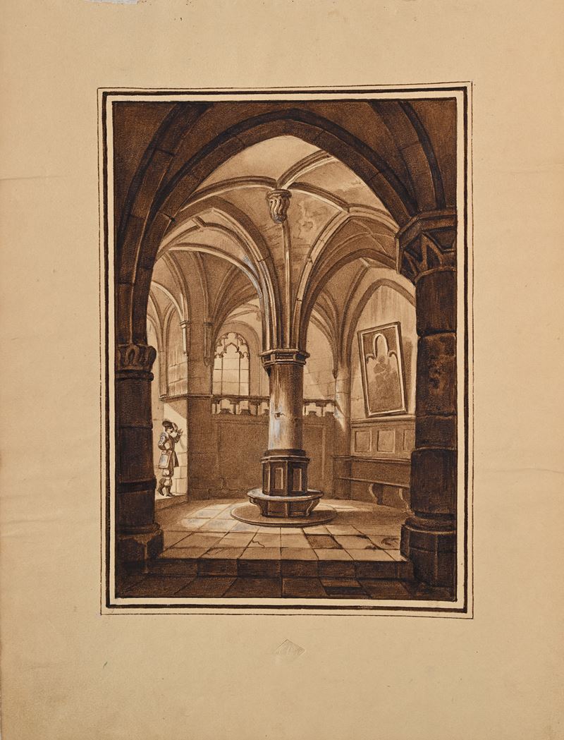 Scuola Italiana del XIX Secolo - Veduta di interno gotico con moschettiere (penna e inchiostro br...