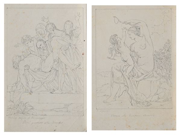 Scuola neoclassica italiana : Deposizione da Caravaggio - Venere che disarma Amore de Lefevre  - Matita su carta - Auction Works on Paper - from the 16th to the 19th century - Casa d'Aste Arcadia