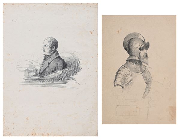 Scuola Italiana del XIX secolo : Ritratto di condottiero - Ritratto di gentiluomo  - Matita su carta - Auction Works on Paper - from the 16th to the 19th century - Casa d'Aste Arcadia