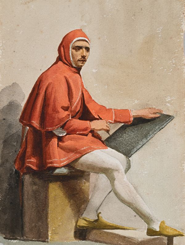 Scuola toscana del XIX secolo : Ritratto di poeta  - Matita e inchiostri acquerellati su carta - Auction Works on Paper - from the 16th to the 19th century - Casa d'Aste Arcadia