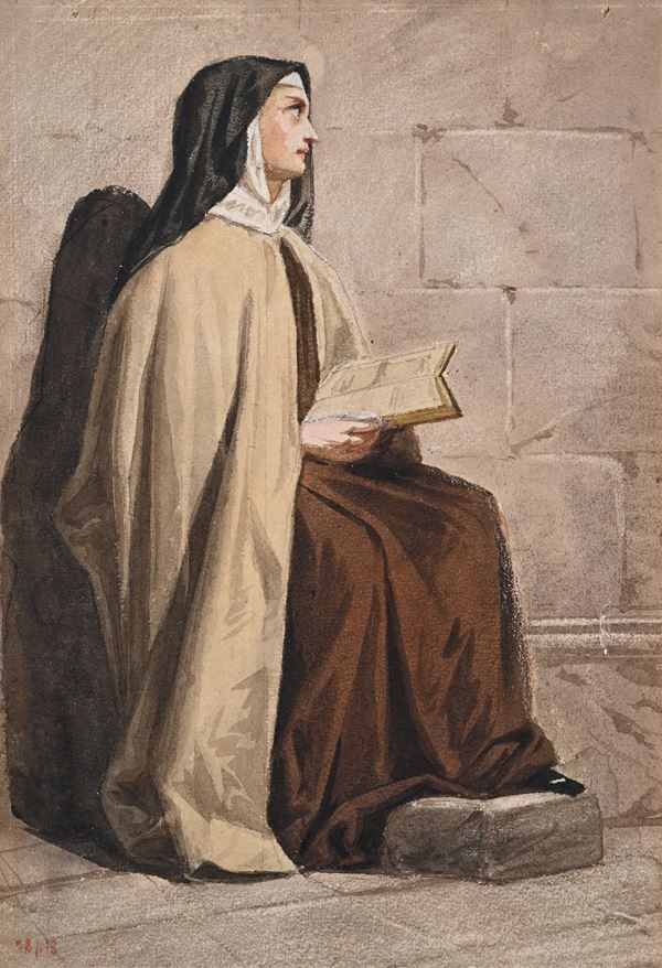 Gabriele Castagnola : Monaca in lettura  (1873)  - Matita e acquerelli su carta - Auction Works on Paper - from the 16th to the 19th century - Casa d'Aste Arcadia