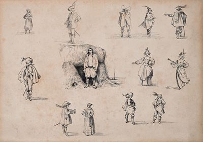 Serie di studi di figure in costume, china su carta