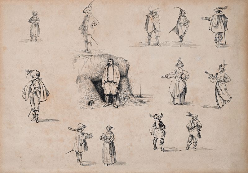 Scuola Italiana del XIX Secolo - Serie di studi di figure in costume, china su carta