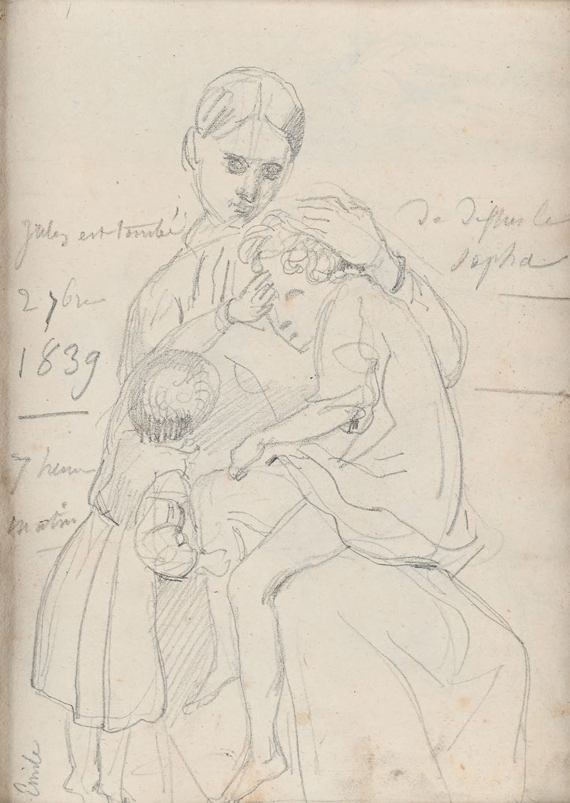 Scuola Francese del XIX Secolo - Ritratto di famiglia (recto) e Lavoratori (verso), matita su car...