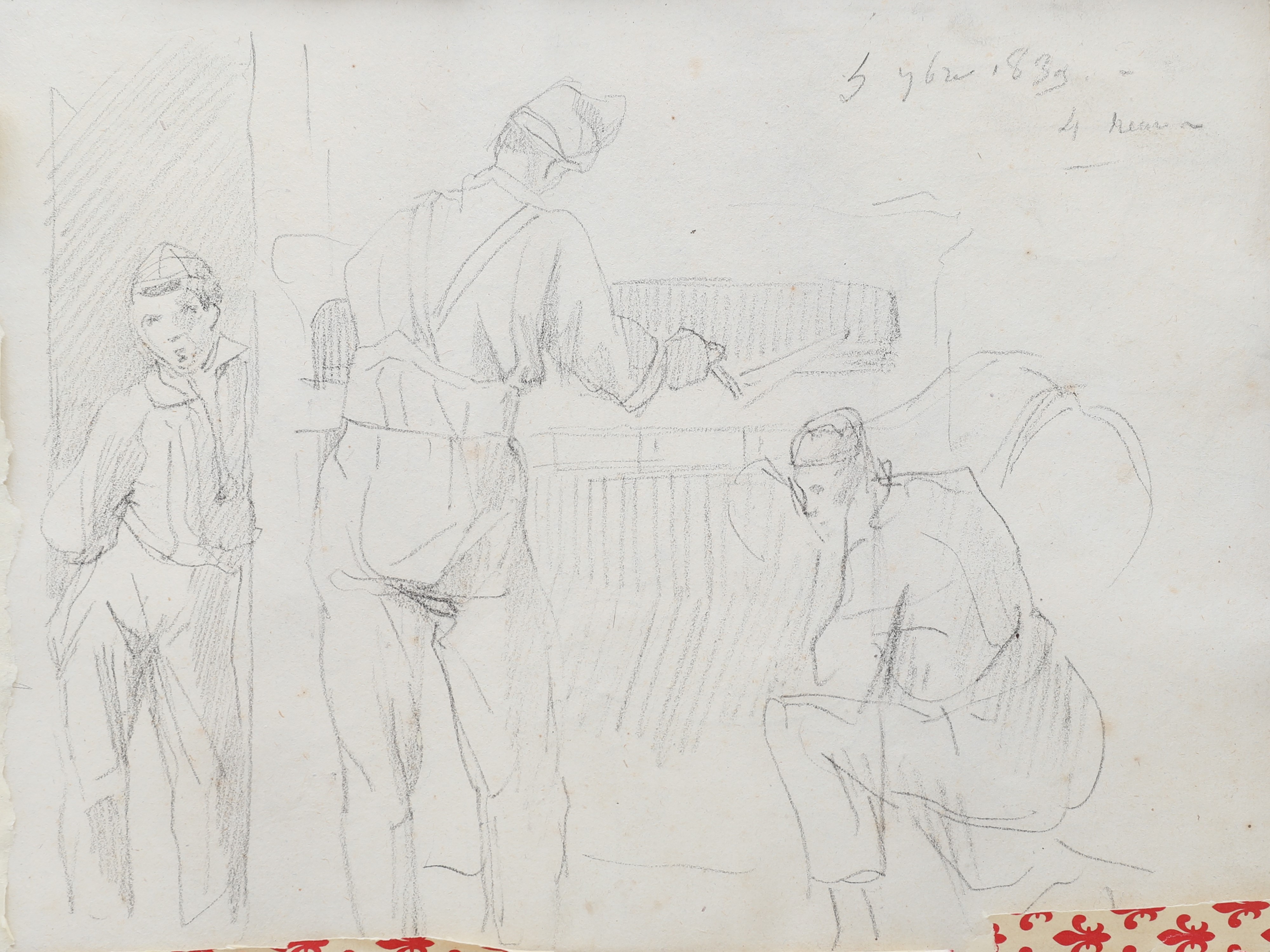 Scuola Francese del XIX Secolo - Ritratto di famiglia (recto) e Lavoratori (verso), matita su car...