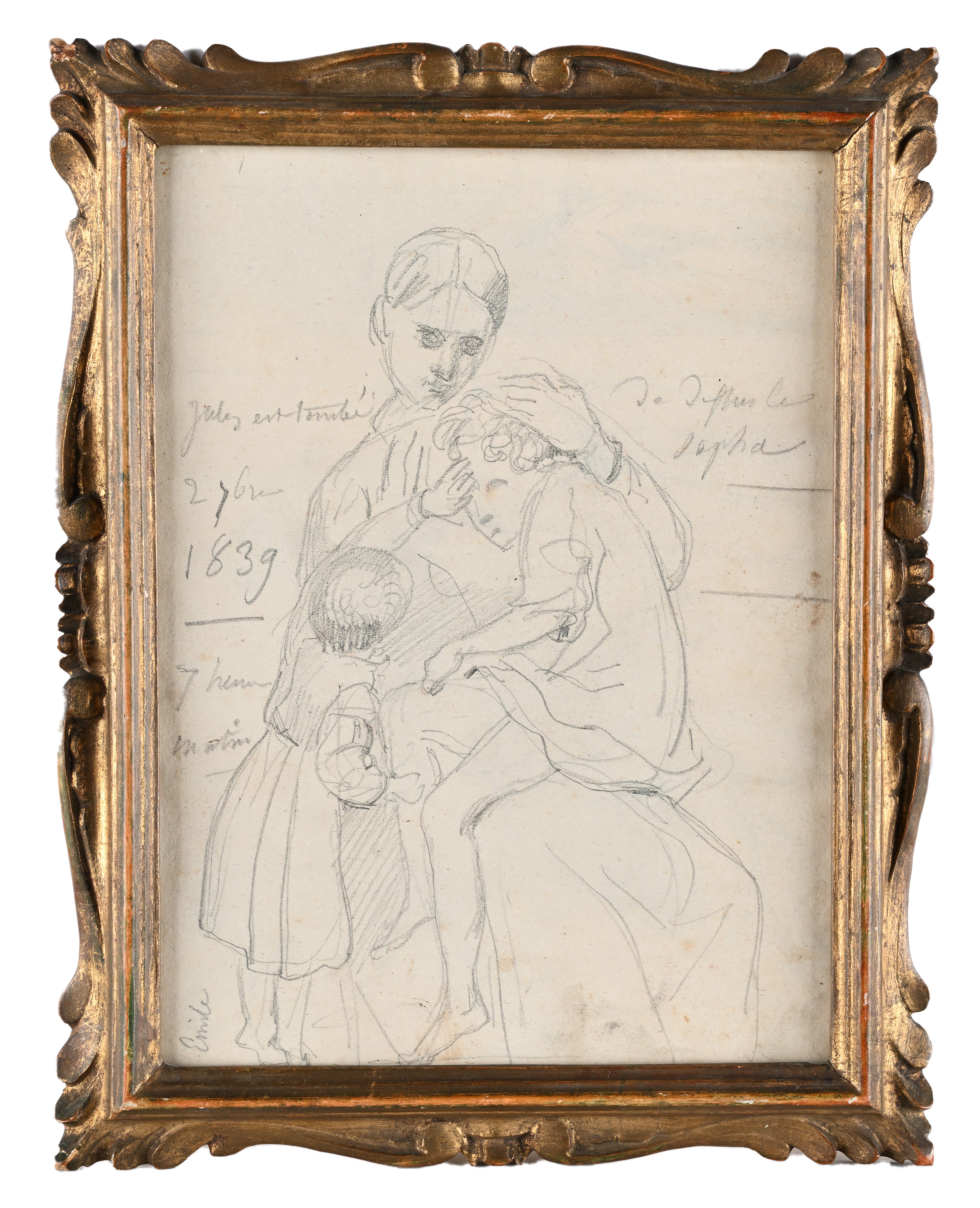 Scuola Francese del XIX Secolo - Ritratto di famiglia (recto) e Lavoratori (verso), matita su car...
