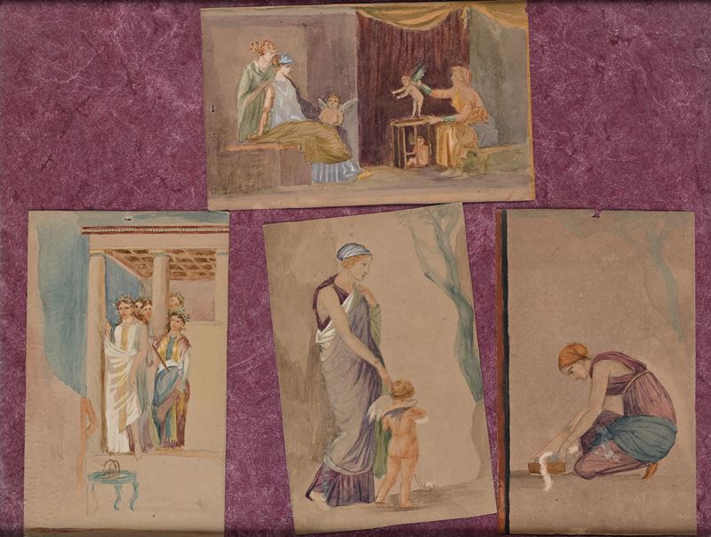 Charlotte-napoléone Bonaparte - Scene pompeiane. Studi di sculture antiche, matita e inchiostri a...