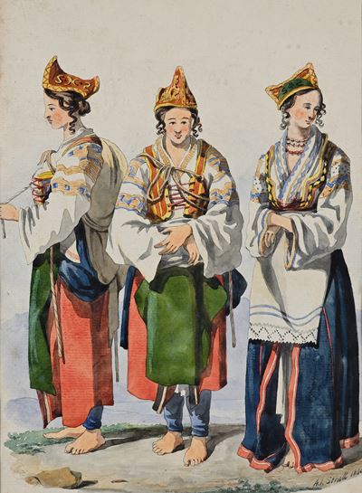 Studi di popolane in costumi tradizionali, inchiostro acquerellato su carta (1840)