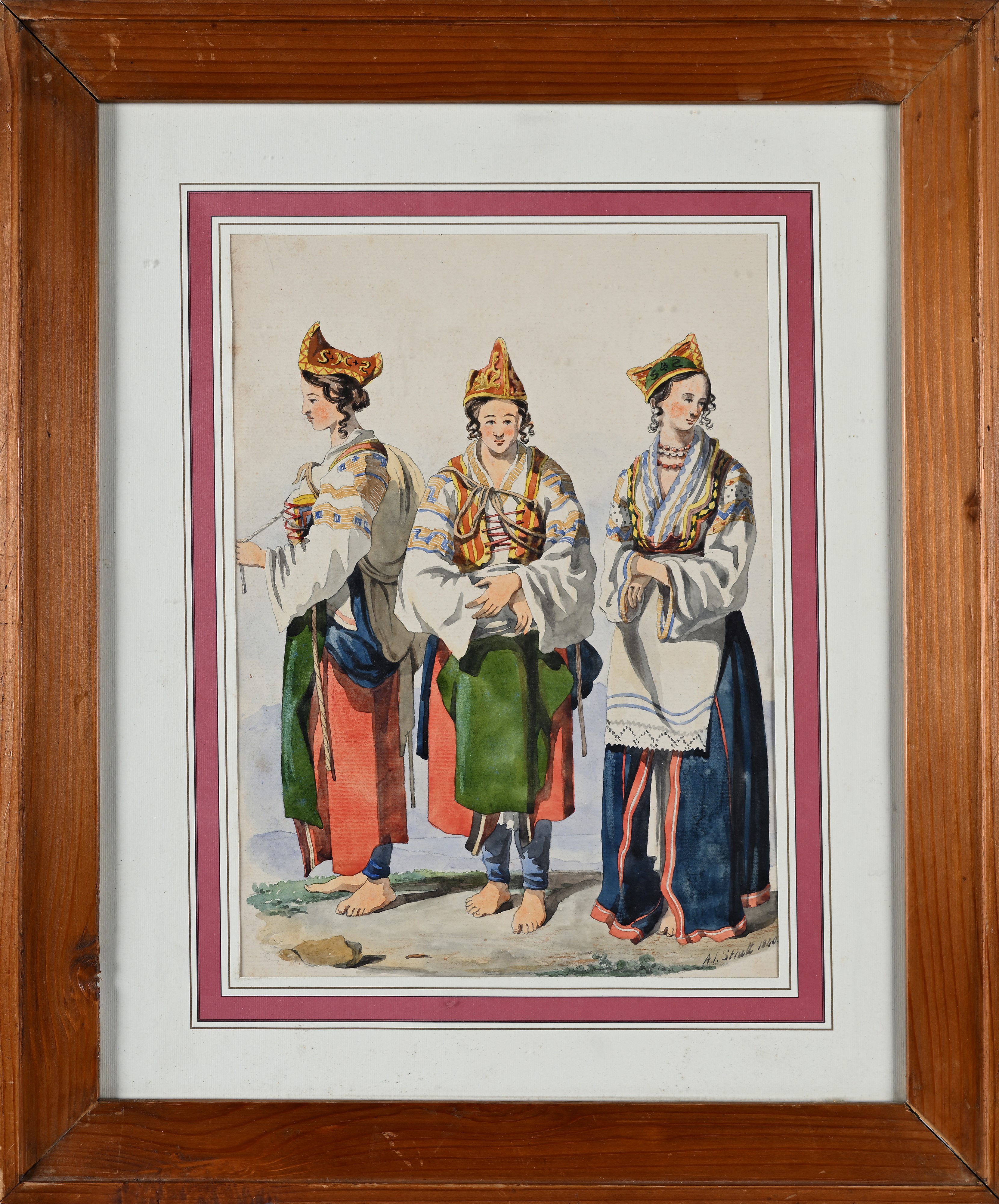 Arthur John Strutt - Studi di popolane in costumi tradizionali, inchiostro acquerellato su carta ...