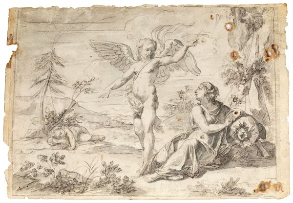 Adeodato  Malatesta : Agar e l'Angelo  (1846)  - Pietra nera, penna e inchiostro acquerellato grigio su carta - Auction Works on Paper - from the 16th to the 19th century - Casa d'Aste Arcadia