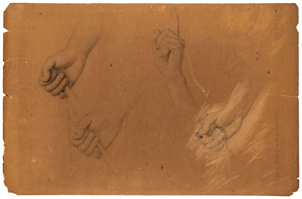 Scuola Italiana del XIX secolo : Studi di braccio e mani  - Pietra nera su carta nocciola - Asta Works on paper - dal XVI al XIX secolo - Casa d'Aste Arcadia