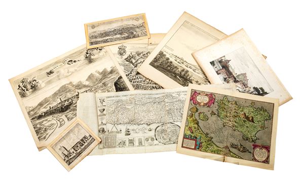 Lotto di otto stampe antiche raffiguranti vedute di città e mappe geografiche
