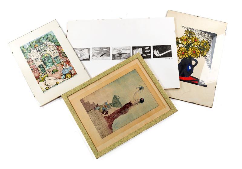 Servolini, Vaso di fiori (litografia) e tre opere grafiche, inclusa acquaforte datata 90, Ninfeo ...