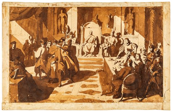 Scuola Italiana del XIX secolo : Colombo alla corte di Ferdinando il Cattolico  - Penna, inchiostro bruno, inchiostro acquerellato, china e pietra nera su carta - Auction Works on Paper - from the 16th to the 19th century - Casa d'Aste Arcadia