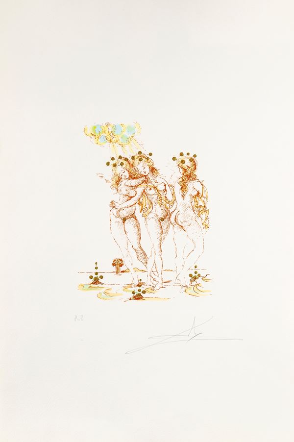 Salvador Dalì : Le tre grazie  - Acquaforte/acquatinta e smalto oro - Asta Grafica Internazionale e Multipli d'Autore - Casa d'Aste Arcadia