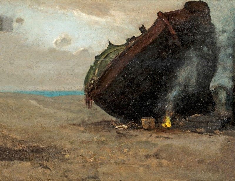 Vincenzo Cabianca (attribuito) - Barca in Secca