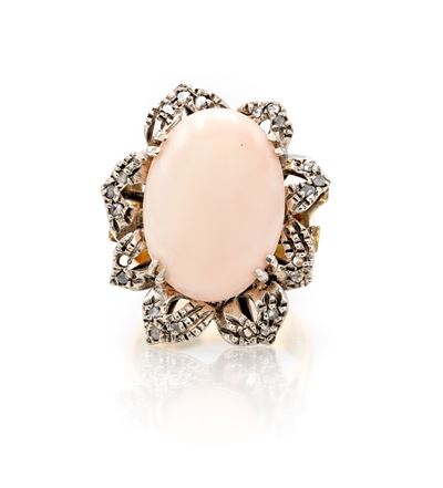 Anello in oro 750/000, argento, corallo e diamanti, misura 18