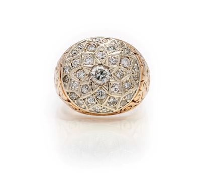 Anello a bottone, oro giallo e bianco 585/000 con brillanti