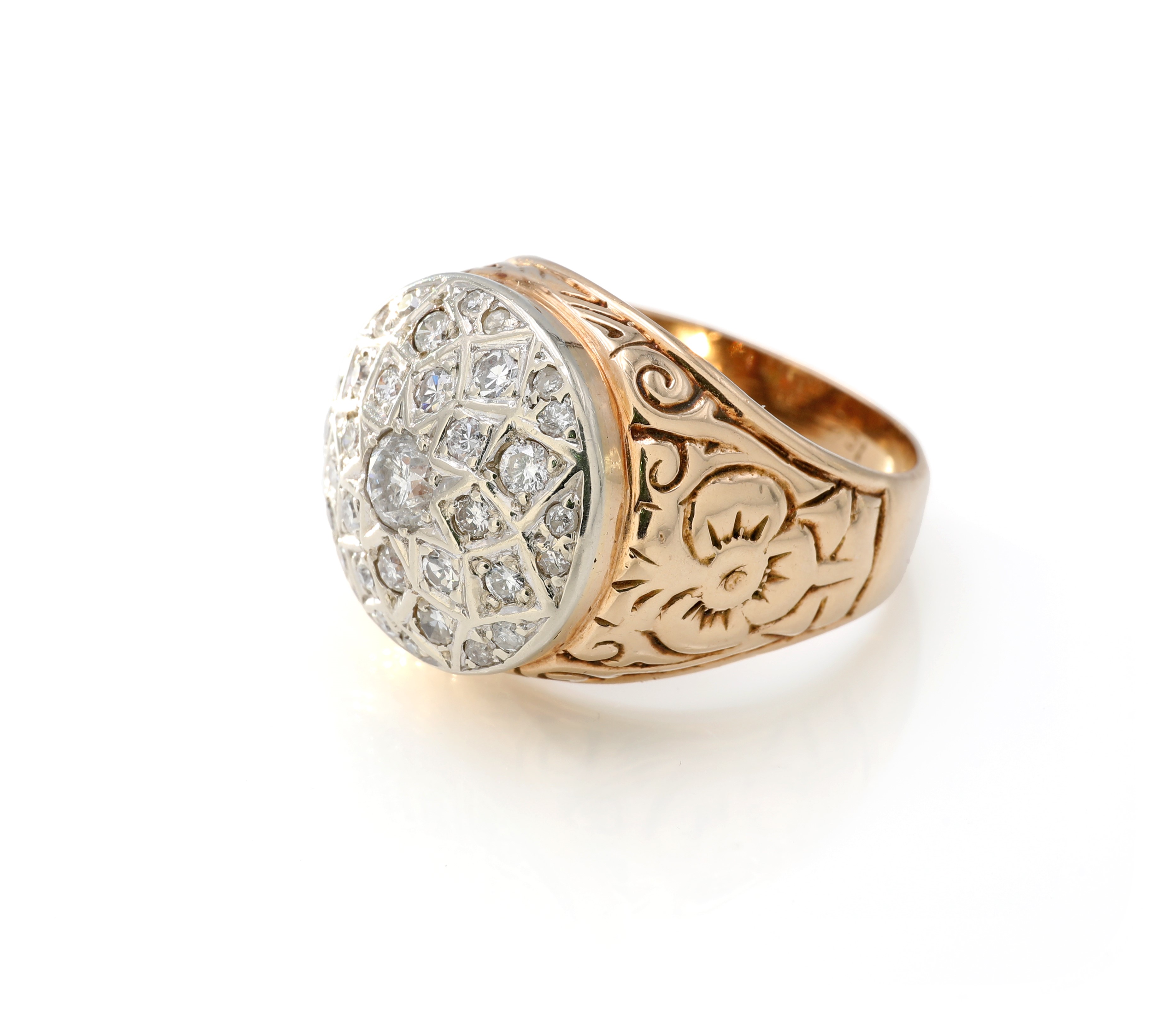 Anello a bottone, oro giallo e bianco 585/000 con brillanti