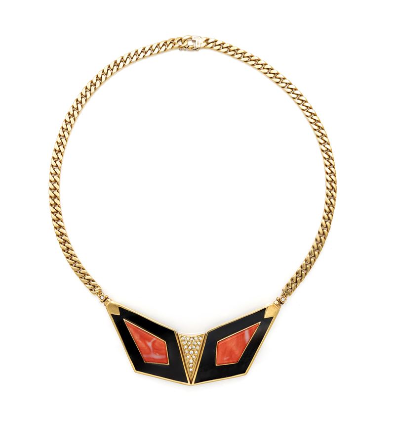 Collana in oro, corallo onice e diamanti