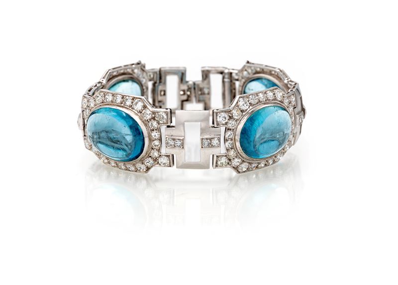 Bracciale Art Déco in oro bianco, acquamarine cabochon e diamanti