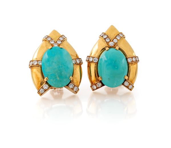 Coppia di orecchini in oro, turchesi e brillanti