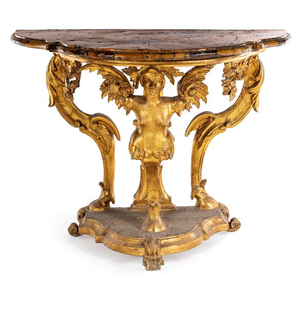 Console barocca in legno dorato con piano sagomato in marmo, Toscana, XVIII secolo