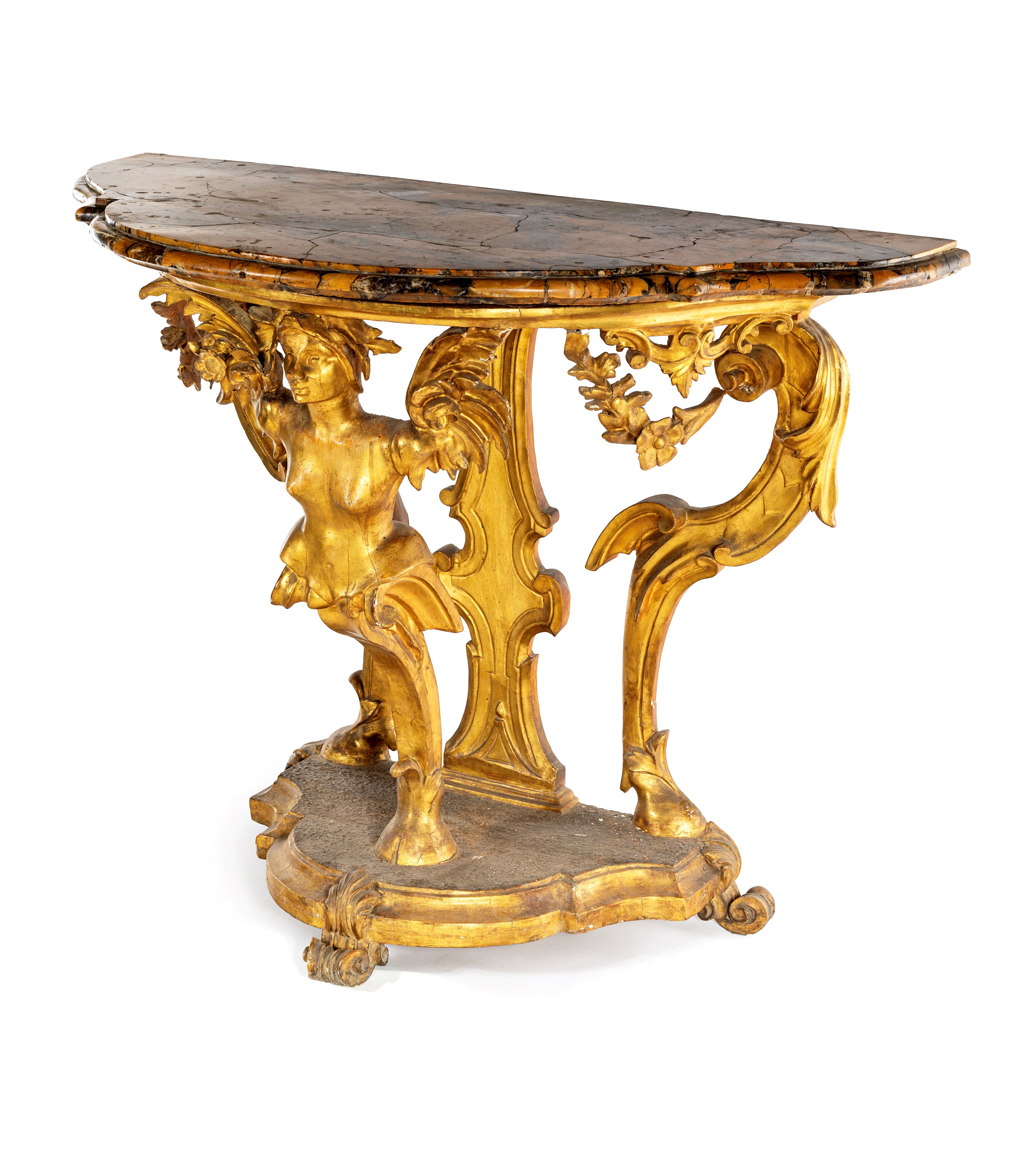 Console barocca in legno dorato con piano sagomato in marmo, Toscana, XVIII secolo