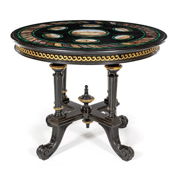 Tavolo con piano circolare in marmo con vedute in mosaico minuto racchiuse da bordura in malachite, XIX secolo