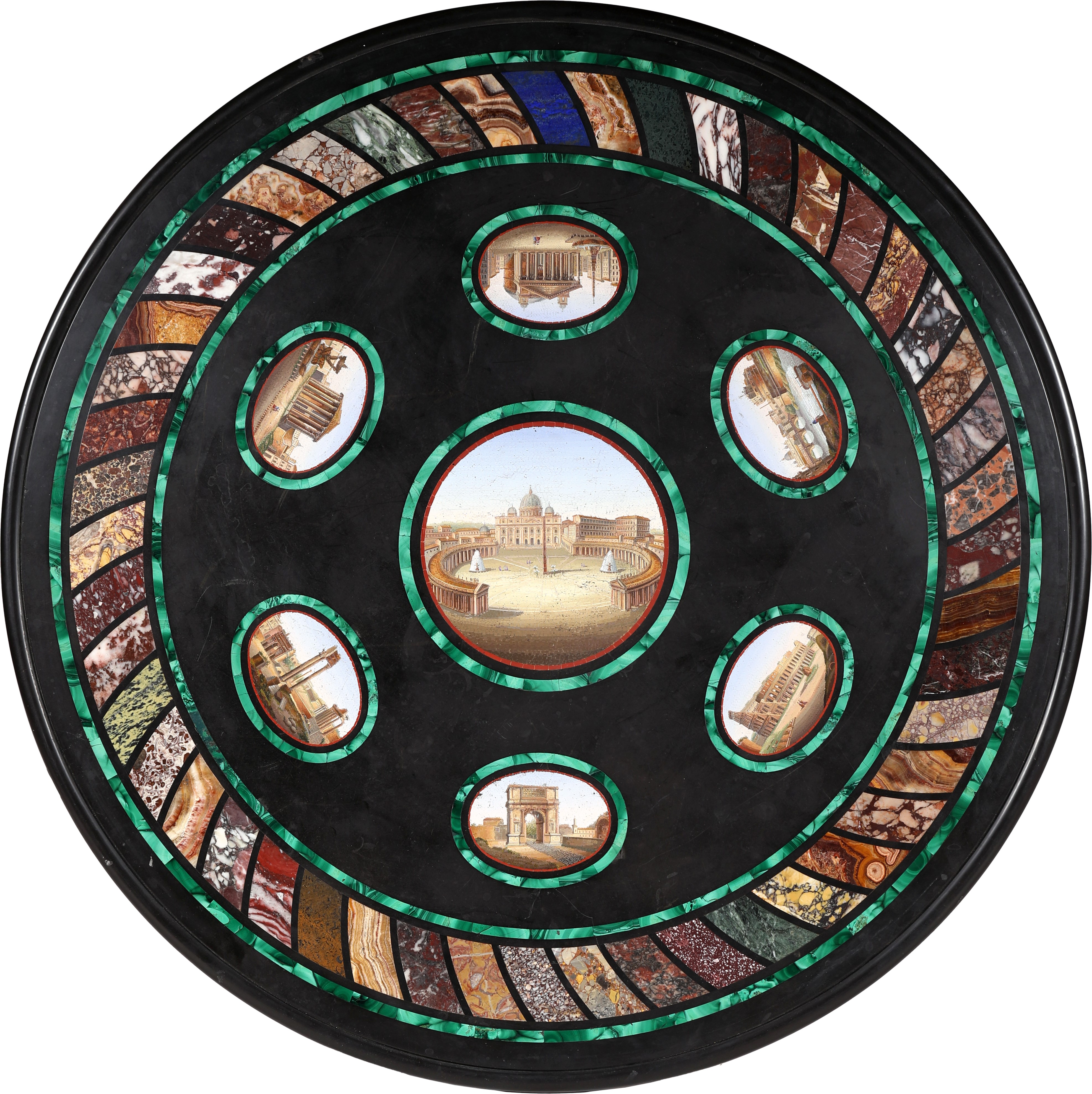 Tavolo, piano circolare in marmo con mosaico minuto e bordatura in malachite (XIX secolo)